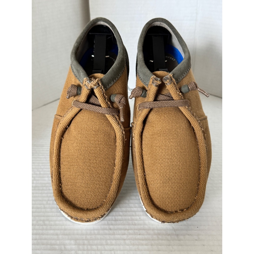 Clarks Shacrelite Moc Mens 7.5 Dark Sand Combination Canvas Leather Loafers